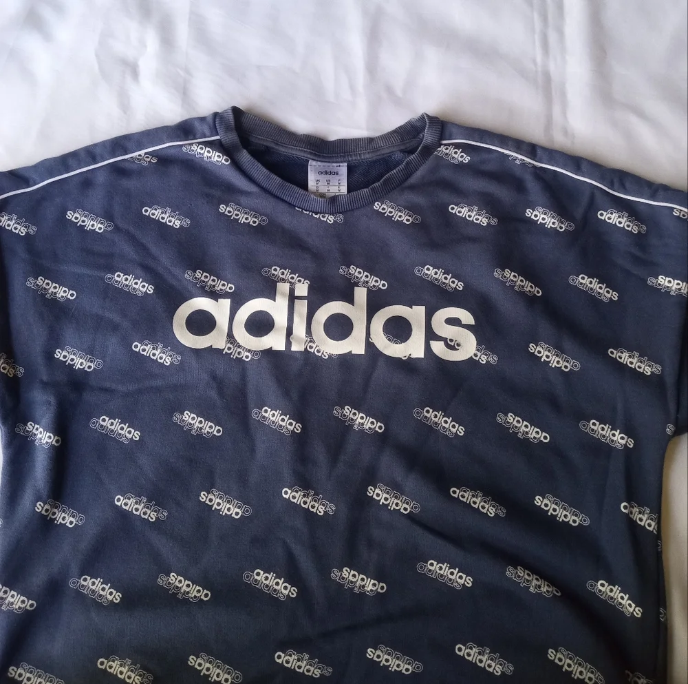 Adidas Favorite Trefoil Tech Indigo Blue All Over Print Logo Sweatshirt Sweater - Picture 11 of 14